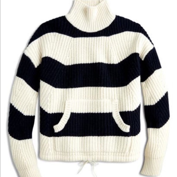 J. CREW Kangaroo Pocket Turtleneck Sweater blue and white stripe cable Xs - Picture 2 of 8